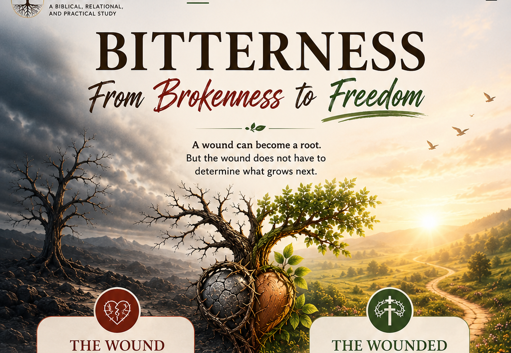 A split scene: barren tree with crown of thorns on the left transitions to a flourishing green tree with a path toward golden sunlight on the right. Title reads Bitterness — From Brokenness to Freedom.