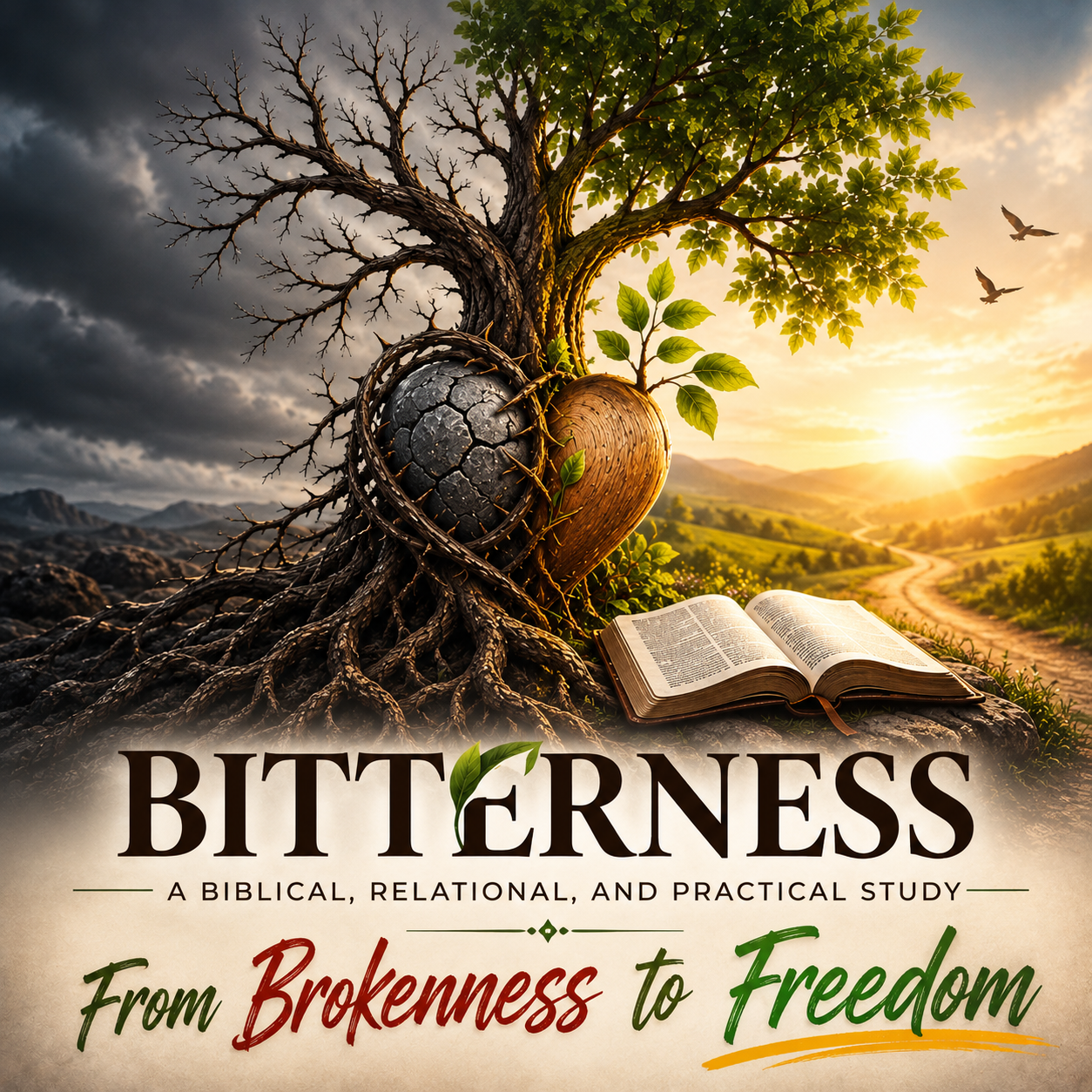 Bitterness — split tree with thorns and leaves, a biblical study on bitterness and freedom